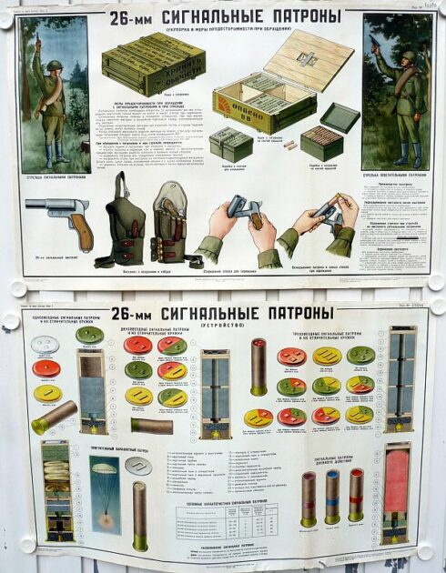 2 x Russische instructie posters SPSH-44 seinpistool en munitie