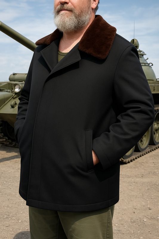 Zwarte Sovjet jas met bontkraag, gepantserde eenheden, ook grote maten leverbaar