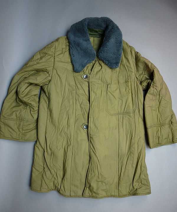 Vintage winterjas / liner met bontkraag, kaki - Afbeelding 2