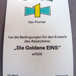 DDR Pionier oorkonde met pin ,, Die goldene Eins,, (prestatie onderscheiding)