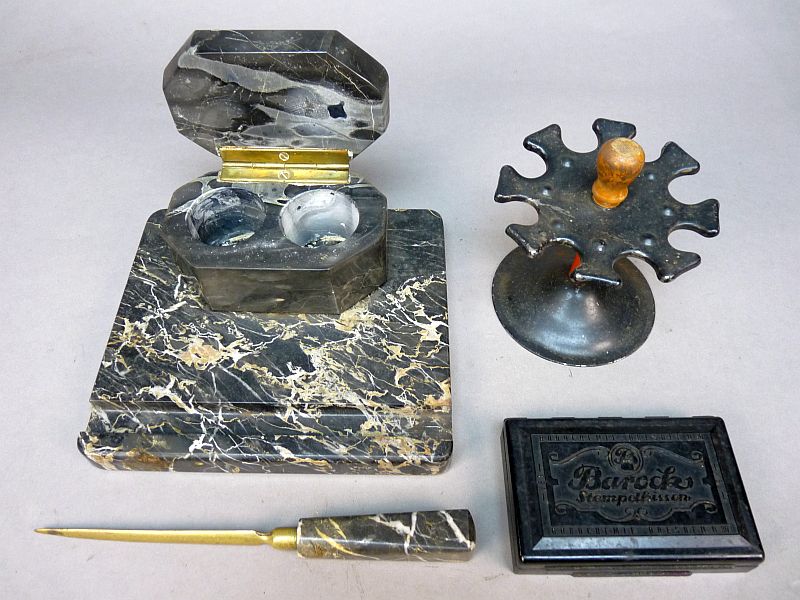 Prachtige vintage bureau set – marmerlook & origineel inktstel
