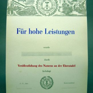 DDR / NVA Oorkonde "Für hohe Leistungen"