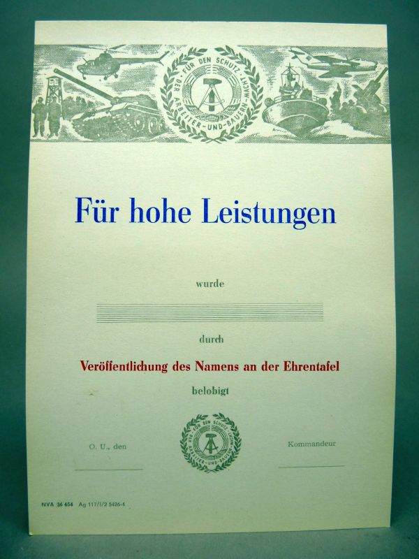 DDR / NVA Oorkonde "Für hohe Leistungen"