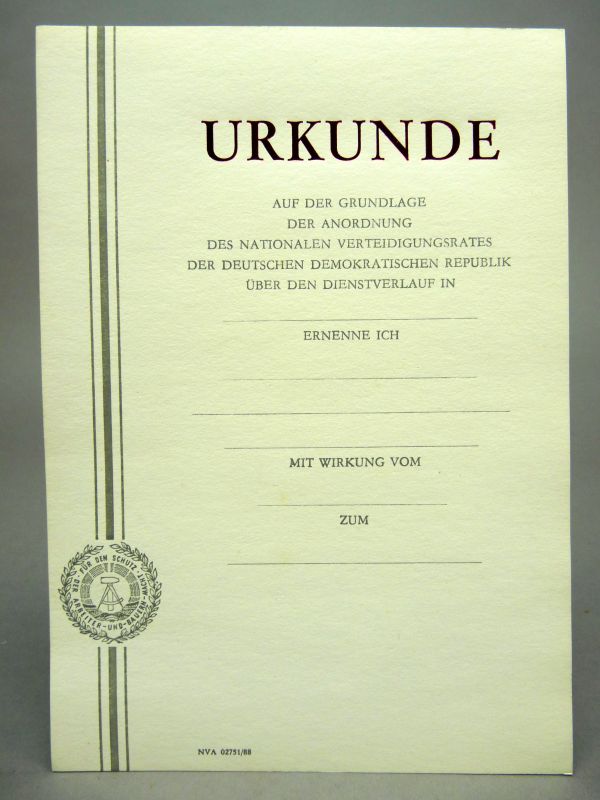 DDR NVA Oorkonde – Dienstverlauf Nationale Volksarmee