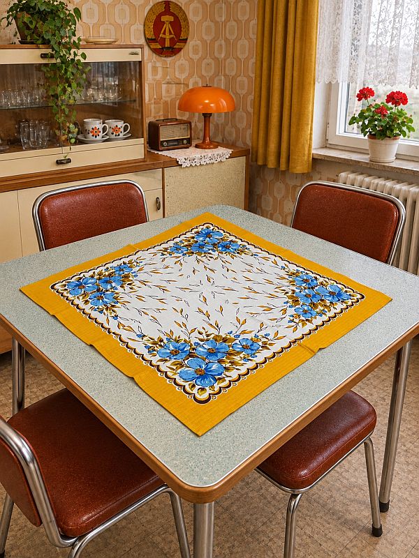 Vintage DDR tafelkleed 80x80 cm – Blauwe bloemen – NOS 1983